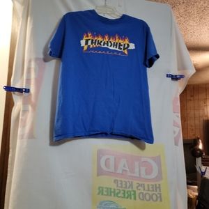 Vintage Thrasher Magazine Blue Shirt Mens Size Medium Skateboarding Ripped Flame